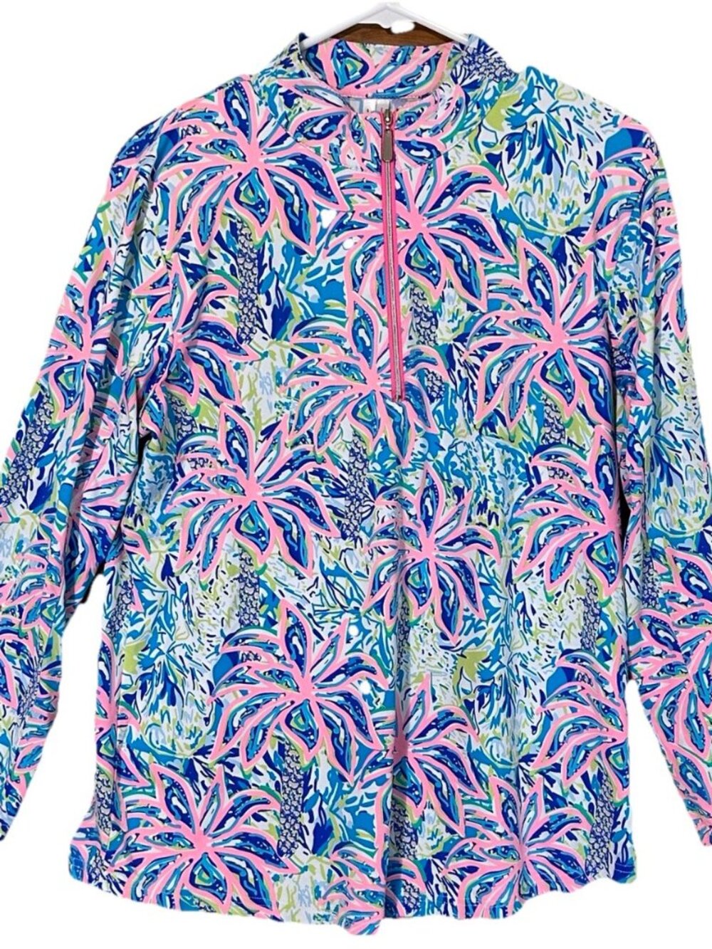 LULU B Women L 1/4 Zip Long Sleeve Shirt Bright Floral Tropical Stretch Golf